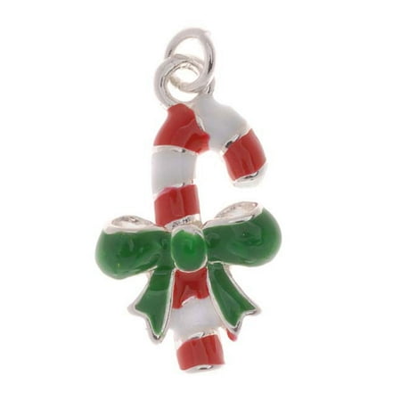 20mm 1 Charm Silver Plated Enamel Charm Christmas Red White Candy Cane With Bow Facing Right 20mm (1) ()