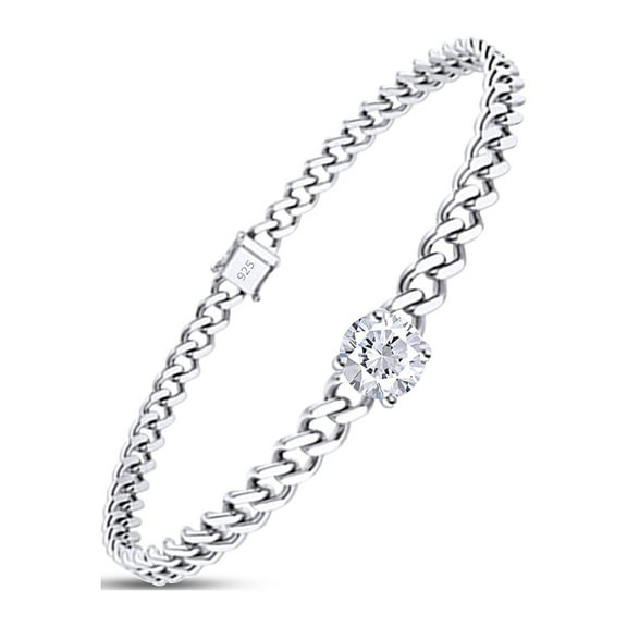 3/4 CT 6MM Round Cut Lab Created Moissanite Diamond Solitaire Cuban Link Chain Bracelet In 14K White Gold Over Sterling Silver Size : 6 Inch, (G-H Color,VVS1 Clarity,0.75 Cttw)