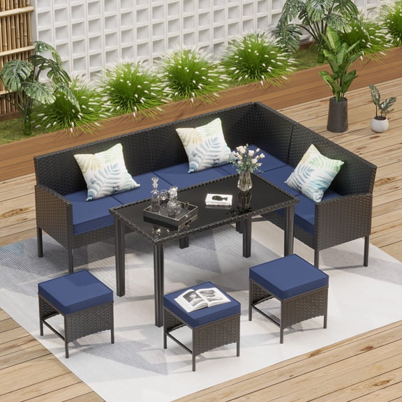 Patio Furniture Sets Small space patio furniture 7-piece outdoor furniture set, backyard furniture set, waterproof seat cushion, glass table, space saving, suitable for backyard, terrace or garden,Da
