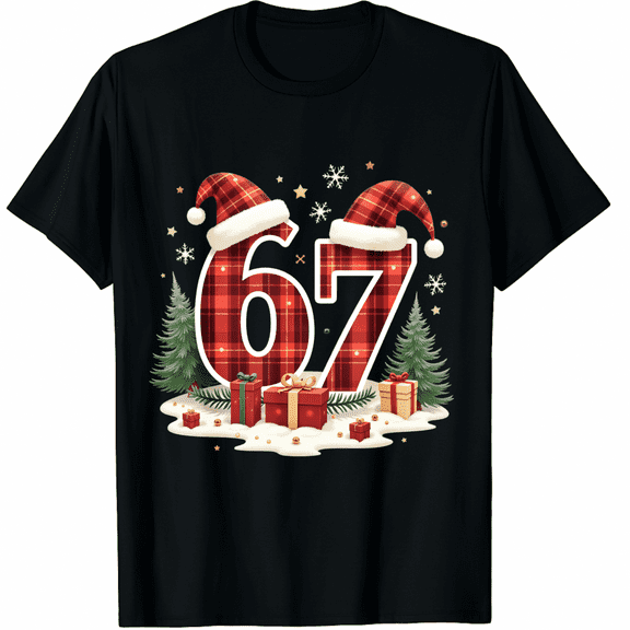 Funny Six Seven 6 7 Meme 67 Christmas Red Plaid Xmas Pajamas T-Shirt (Men's, Women's)