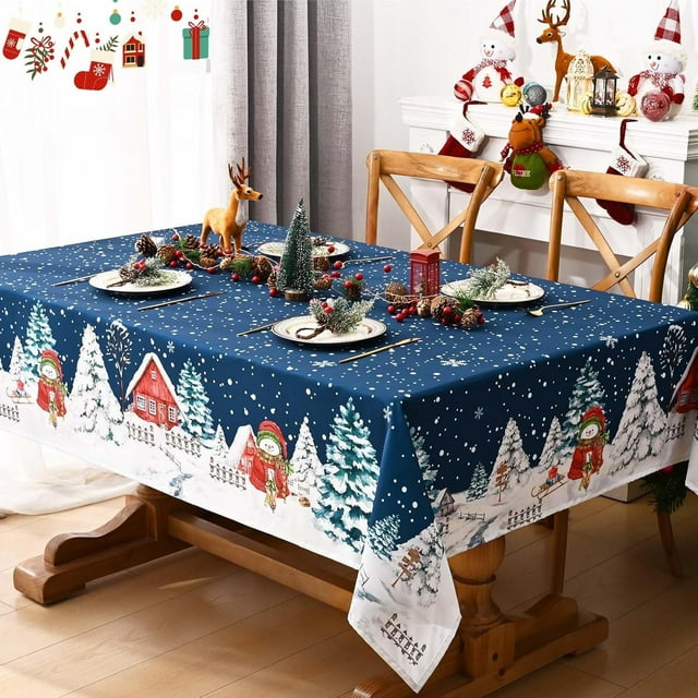 FRAMICS Christmas Tablecloth 60×120 Inch, Winter Snowflake Christmas Trees Table Cloth, Blue Christmas Table Cloth Rectangle, Waterproof Washable Christmas Table Cover for Party Kitchen Dining Room