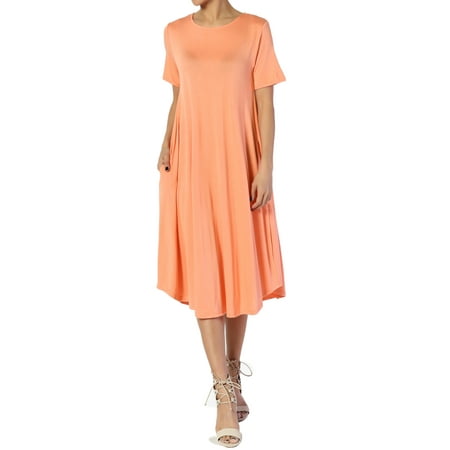 TheMogan Women's S~3X Short Sleeve A-line Pocket Draped Viscose Jersey Midi Dress