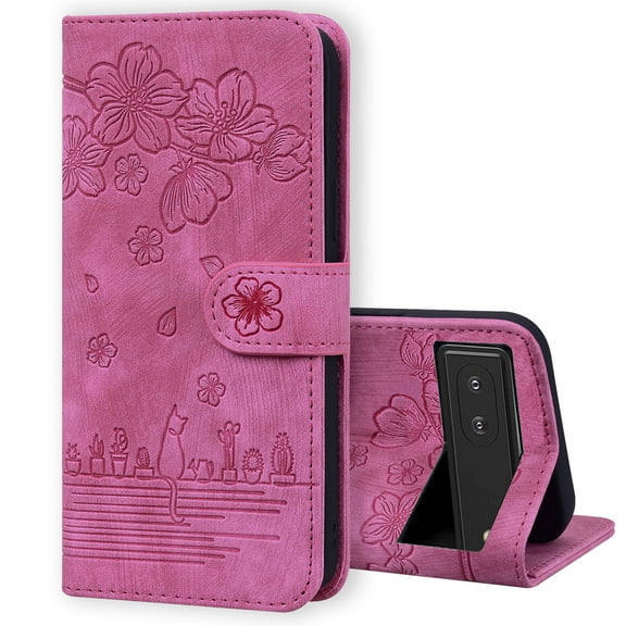 SaniMore Magnetic Wallet Case for Google Pixel 8 [RFID Blocking] Card Holder, Cartoon Embossing PU Leather Kickstand & Wrist Strap Shockproof Shell for Google Pixel 8 Girls Women, Rose