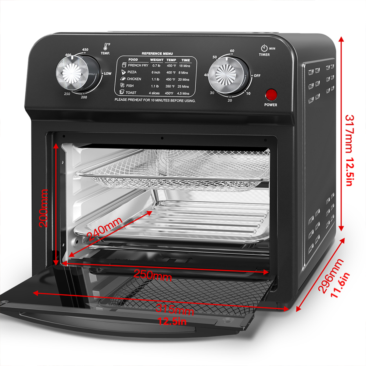 Black 12.5 Quart 7-in-1 Convection Toaster Oven - 1500W Stainless Steel 5 Pre-set Menus
