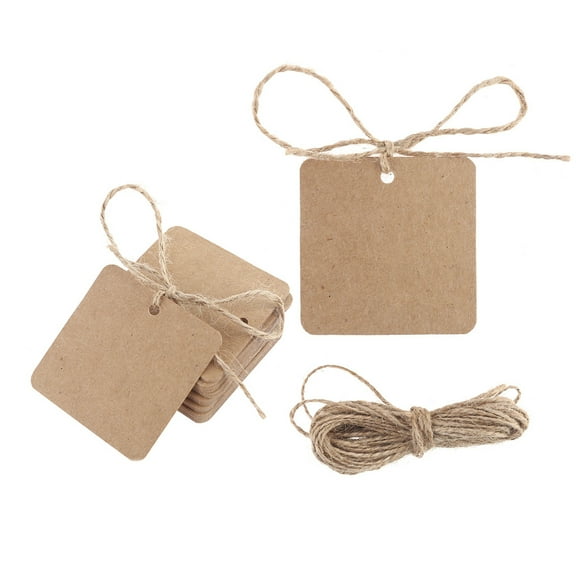 100pcs Blank Square Kraft Paper Gift Hang Tags Wedding Label Price Card Craft with 10m Jute Twine