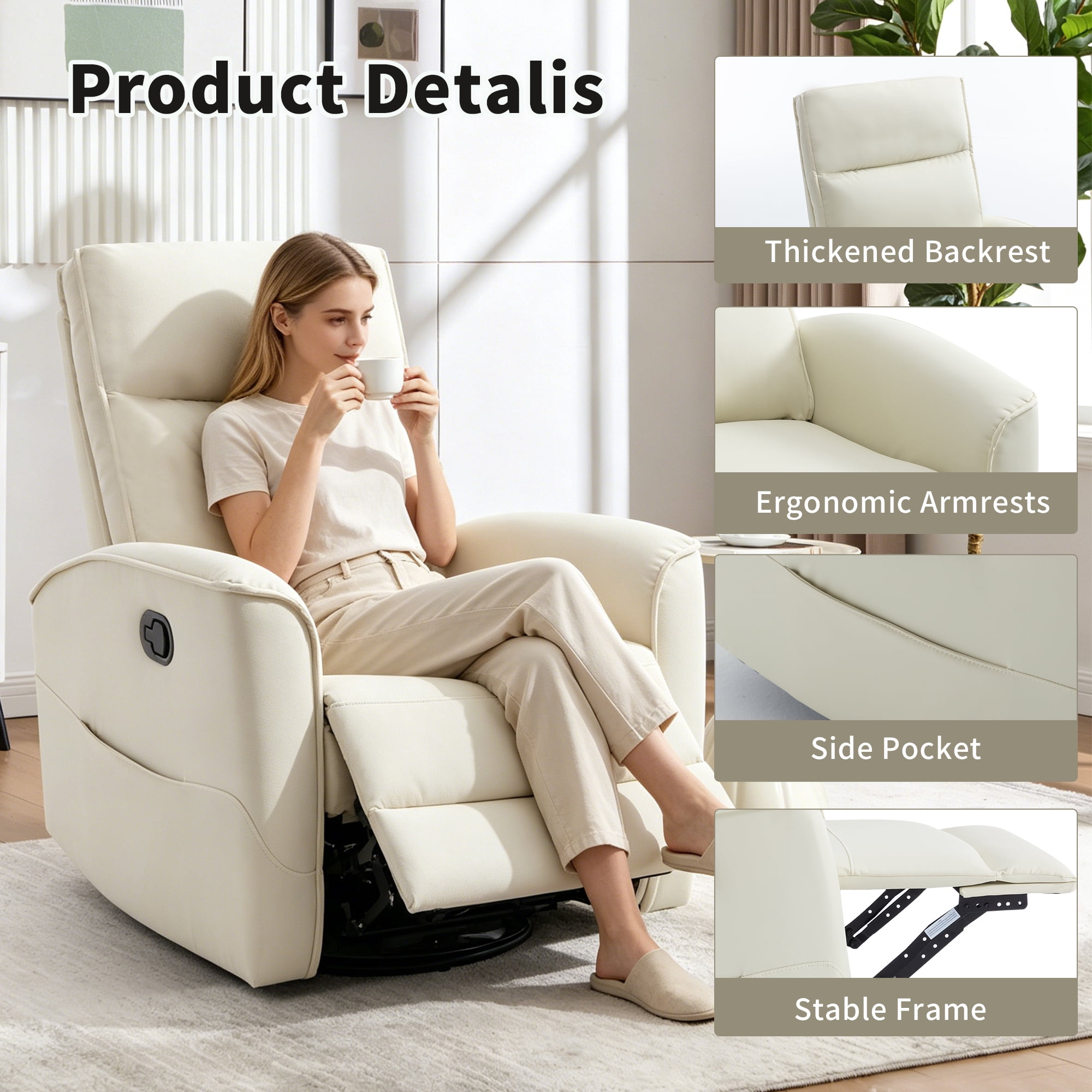 Ebello Manual PU Leather Swivel Rocker Recliner, Nursery Glider Chair with Padded Armrests & Backrest for Apartment, Living Room and Bedroom, White