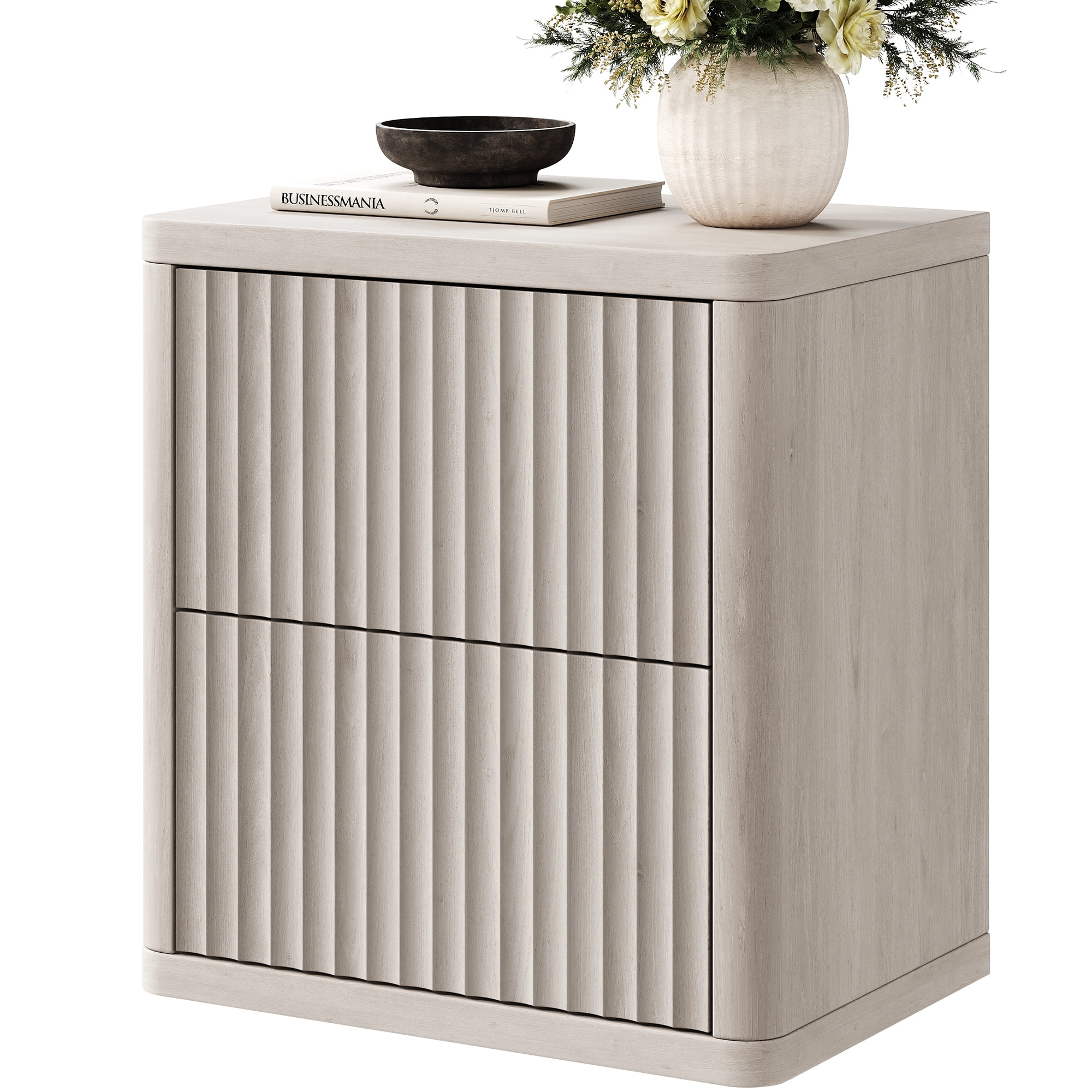 SICOTAS Fluted 2 Drawer Nightstand, 22.75" W Small Modern Bedside Table with Large Handless Drawers, Curved Edge Design, Wooden End Table for Bedroom, Living Room, Grey