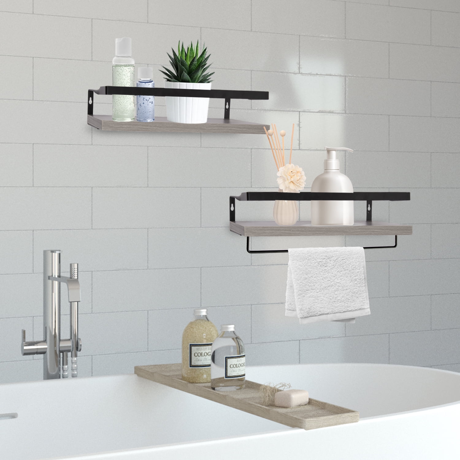 Dracelo 16.5 in. W x 5.9 in. D x 2.75 in. H Gray Bathroom Wall Mounted Floating Shelves with Towel Bar