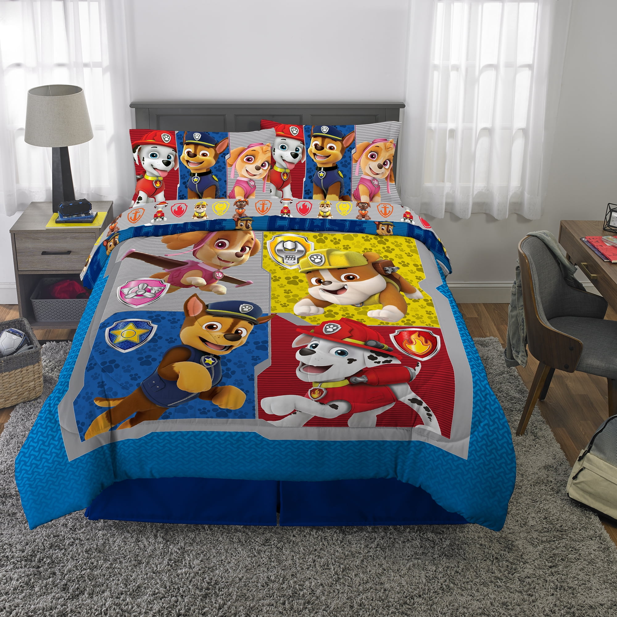 PAW Patrol Kids Bed in a Bag Reversible Bedding Set w/ Chase, Skye, Marshall & Rubble, 5-Piece
