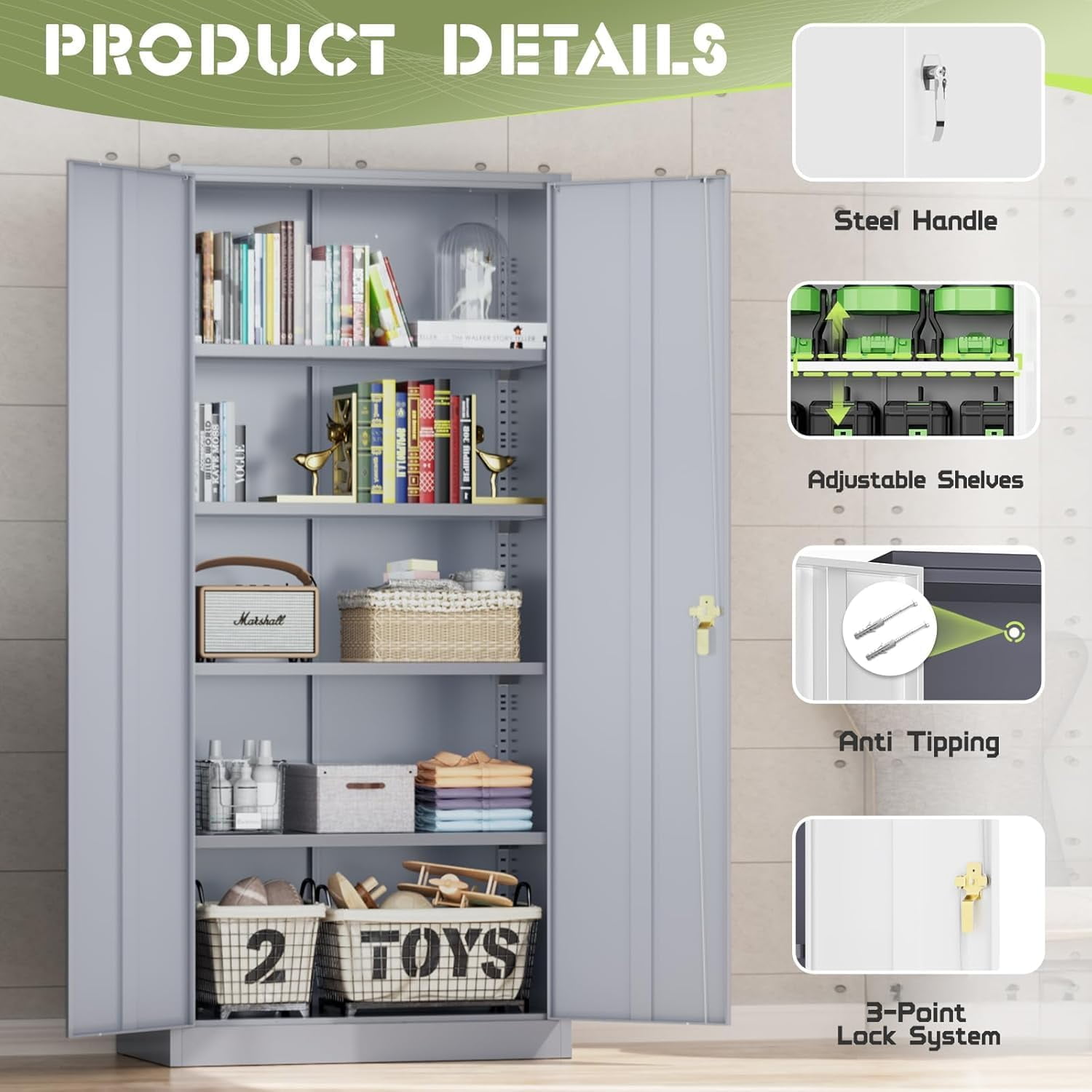 SOLAURA Metal Storage Garage Cabinets with Locking Doors and Adjustable Shelves, 72 inch Tall Steel Storage Cabinet for Office, Home (Cement Grey)