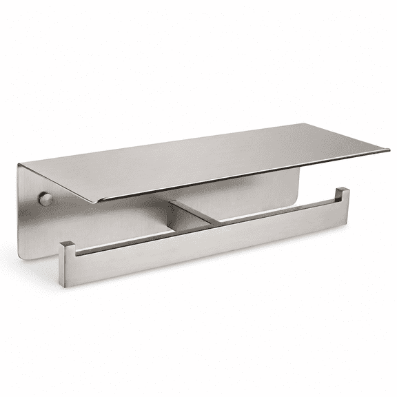 Brushed Nickel Double Rod Dual Roll Toilet Paper Holder with Storage Shelf
