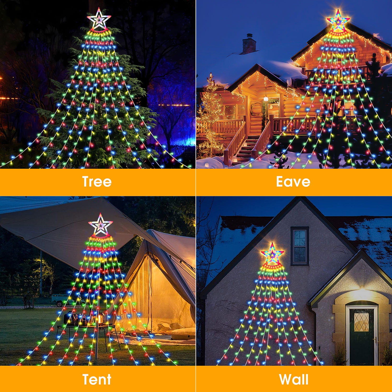Qunler Outdoor Christmas Decoration Lights, 8 Modes & 350 LED Christmas String Waterfall Fairy Tree Lights Indoor Outdoor Holiday Lighting Decorations, Multicolor, Plug-in
