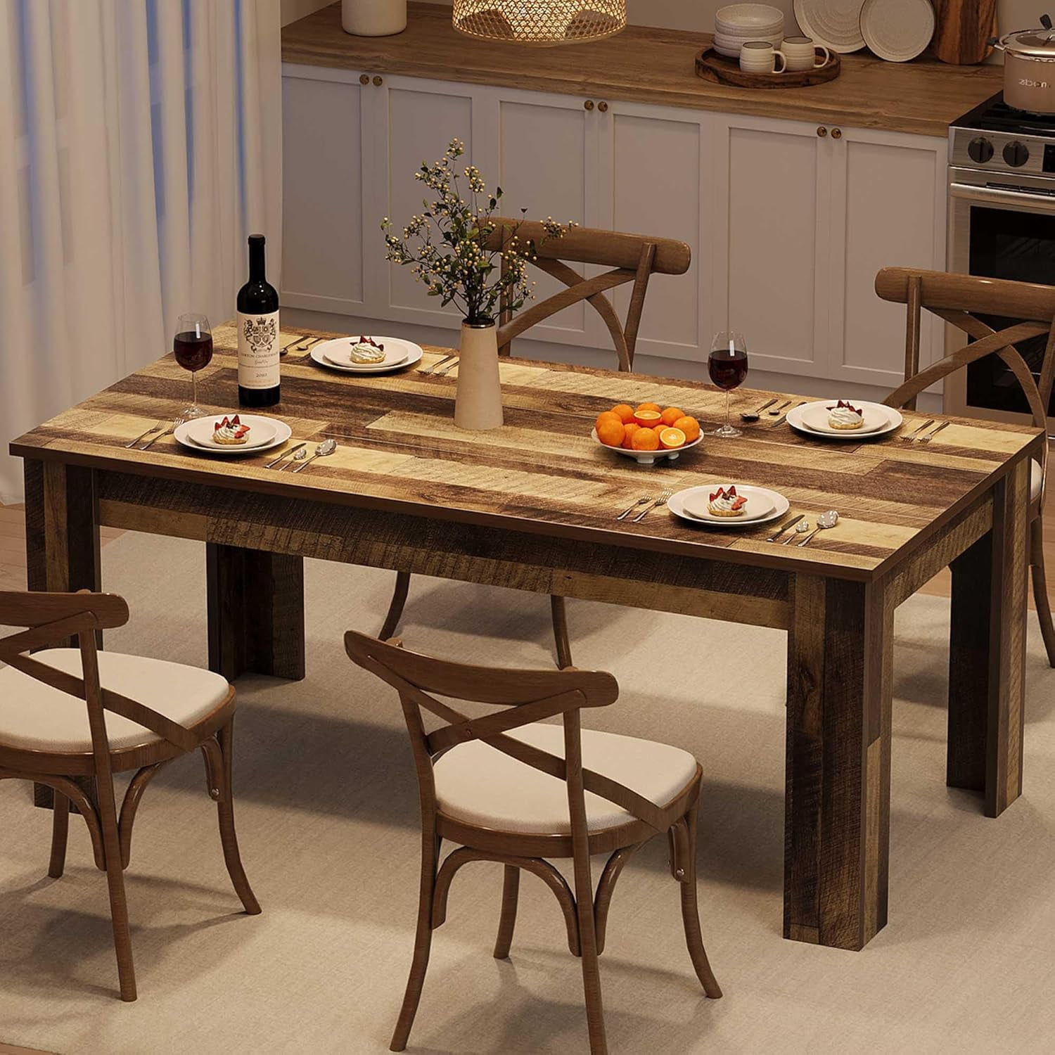 Dining Table for 4-6, Rectangular Dining Room Table, Kitchen Table with Large Table Top, Dinner Table, Farmhouse Dining Table for Dining Room, Kitchen, Living Room, Retro Brown