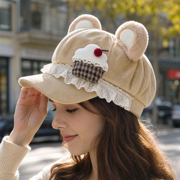 Y2K Cutecore Kawaii Bear Ears Newsboy Beret Hat, Hats for Women,Octagonal Plush Cap,Sweet Lolita Style,Polyester Suede‑Like with Lace Ruffle,3D Food Decor,2000S Clothes Accessories-Khaki