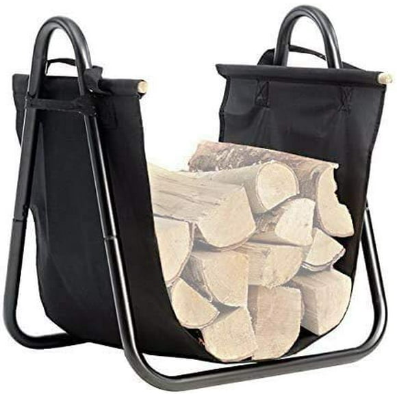 Amagabeli Porte-Bûches de Cheminée avec Toile Support de Bois de Chauffage Intérieur Fourre-Tout Porte-Bûches en Métal Support en Bois Noir Supports de Bois de Chauffage Rangement Empileur de Bûches Robuste Panier avec Poignées Kindling Lar