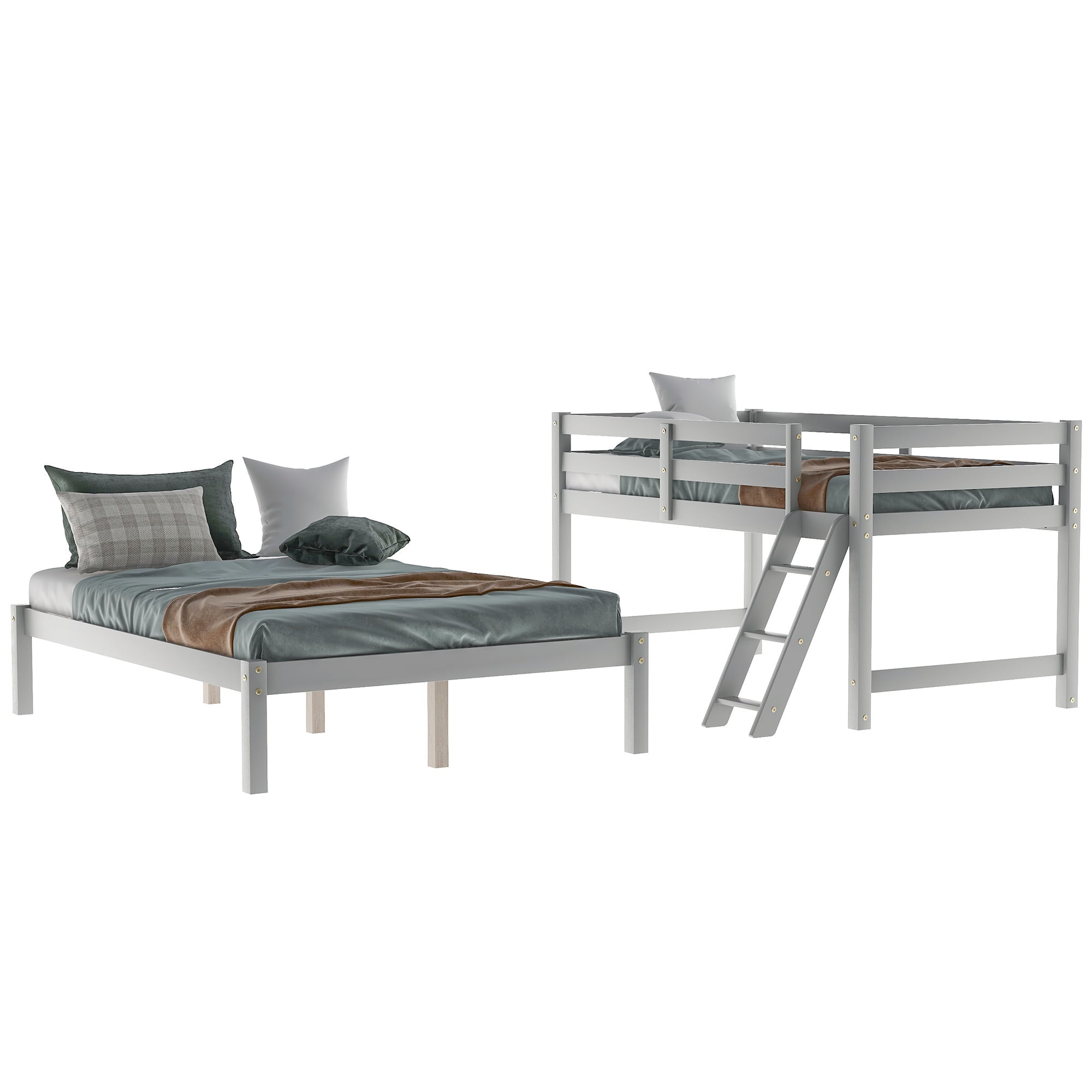 Lowestbest Solid Wood Twin-Over-Full Bunk Beds with Ladder, Gray Lowestbest Solid Wood Twin-Over-Full Bunk Beds with Ladder, Gray