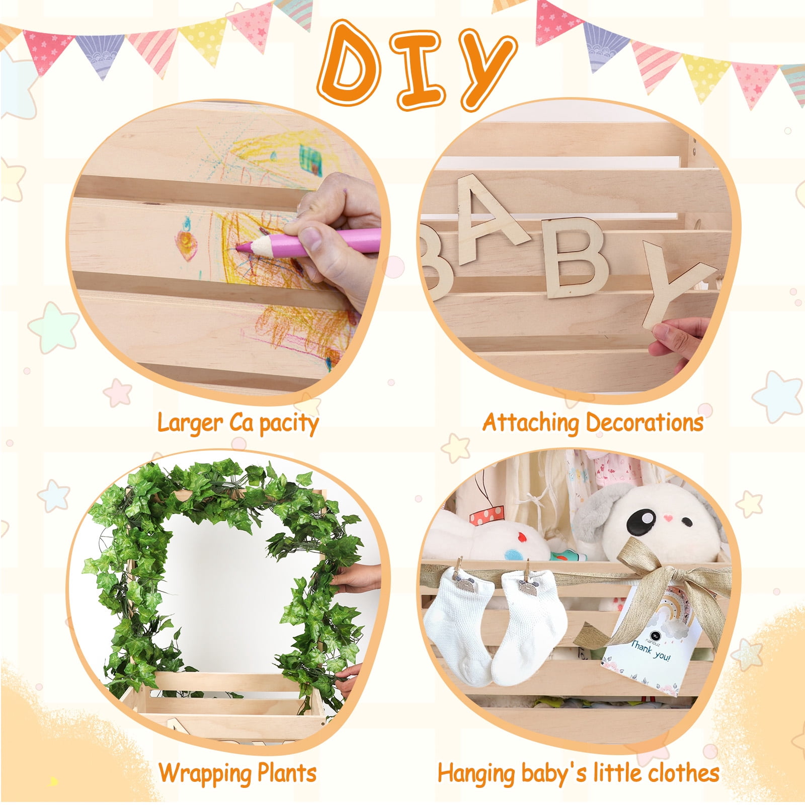 Larger Size-Baby Shower Crate Closet, Wooden Baby Shower Baskets with Handle, Personalized Wood Crate for New Baby Gift