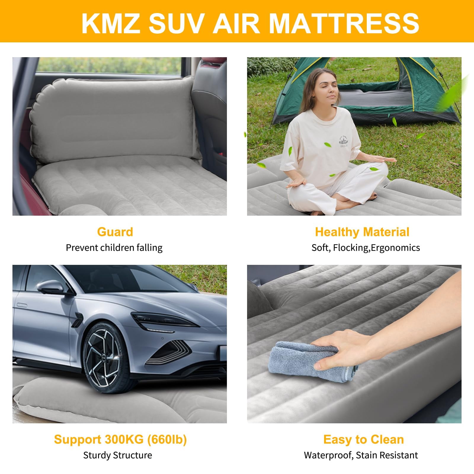 QDH SUV Air Mattress Thickened and Double-Sided Flocking Travel Camping Bed with 2 Pillows & Electric Pump Dedicated Mobile Cushion Inflatable Bed for SUV Trunk and Rear Seat (Light Gray)