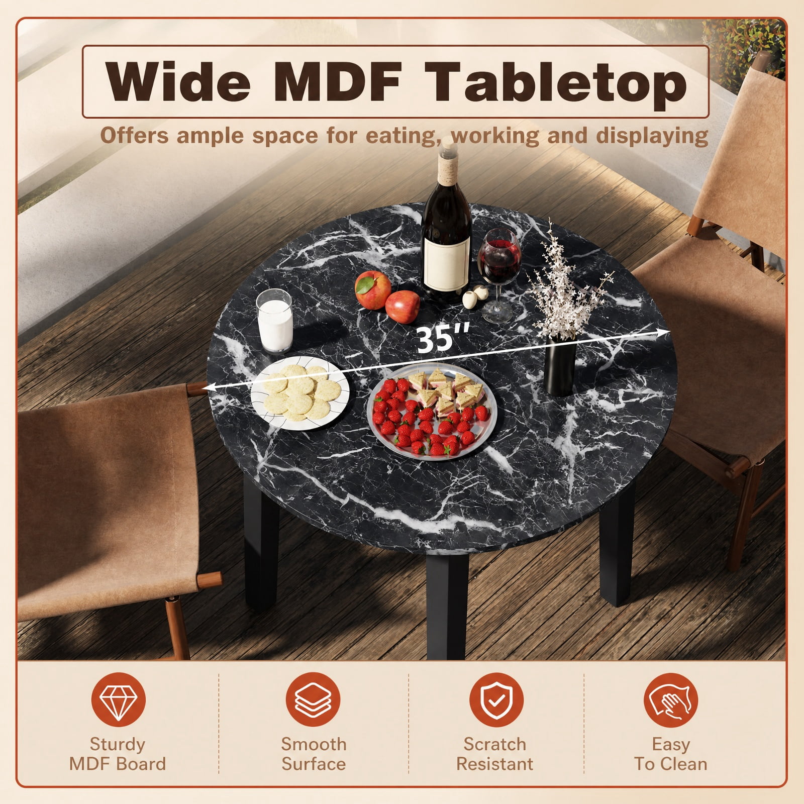 Furnibear 35 Inch Round Dining Table for 4 with Rubber Wood Legs and Marble Textured Veneer Top for Kitchen and Dining Room, Black