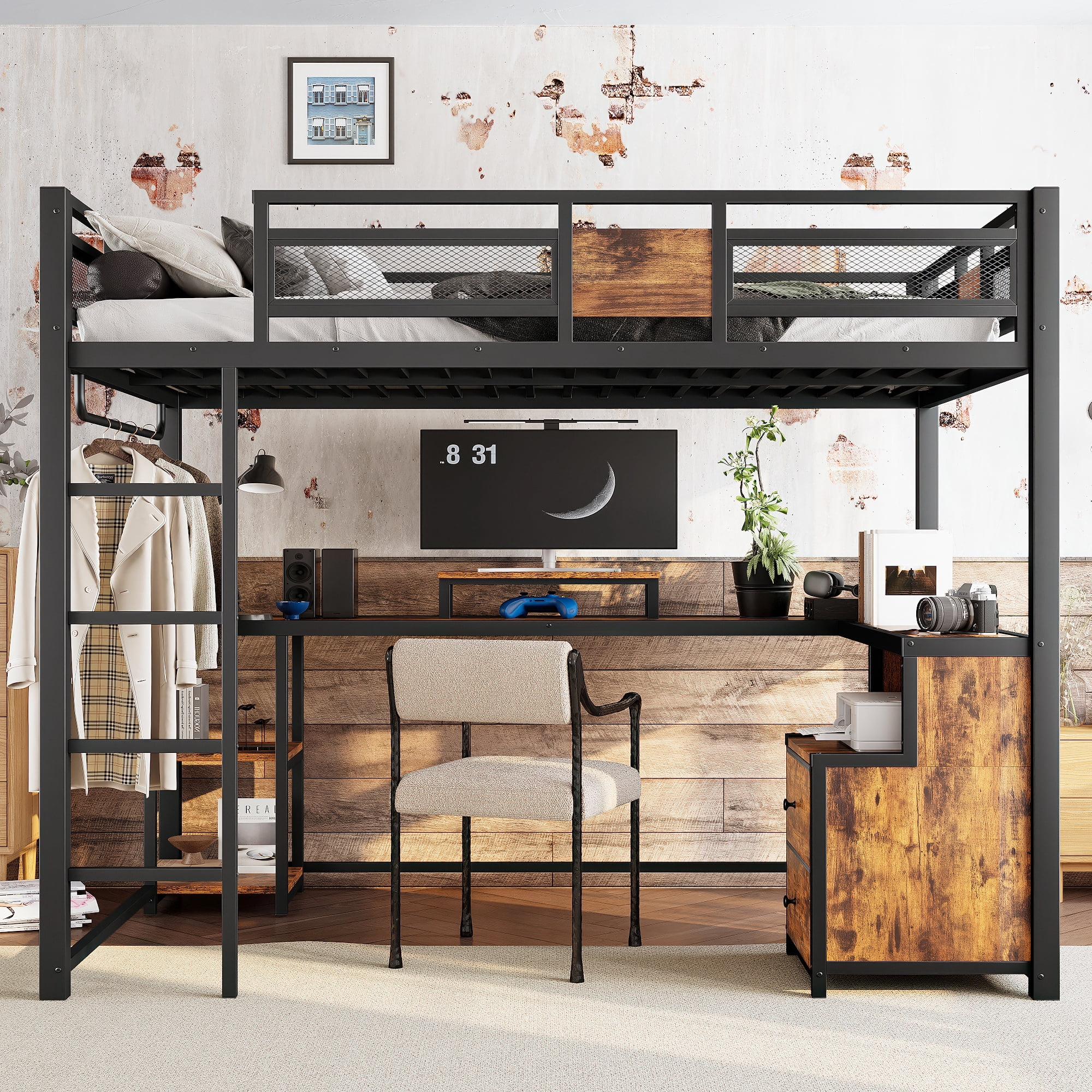 Leumius Full Size Loft Bed with Desk and Storage Drawers,Industrial Style Metal Loft Bed Frame with Ladders,Space-Saving/Noise Reduced,Black