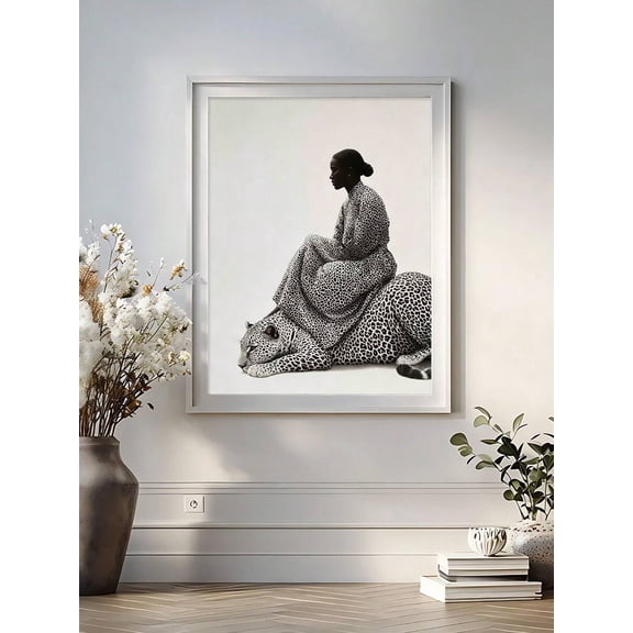 Black and White Canvas Wall Art, African American Woman Sitting on Leopard Portrait Poster Print, Modern Afro Aesthetic Wall Decor for Living Room Bedroom