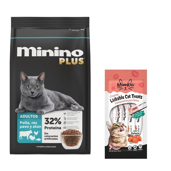 Minino Plus 10 kg + MIAUKISS LICKABLE SALMON 4 PACK 56GR
