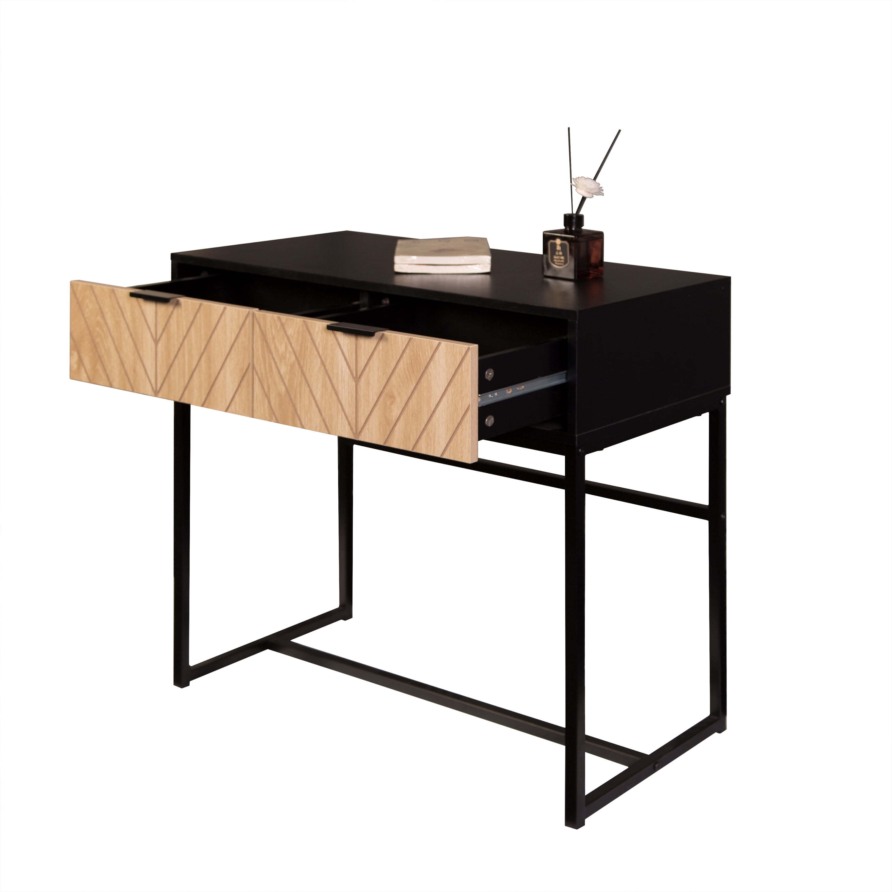 Modern Entryway Console Table, Matte Black Metal Frame Accent Table with Chevron Natural Wood Drawers, Compact Storage Sofa Side Table for Hallway Living Room Bedroom Small Spaces