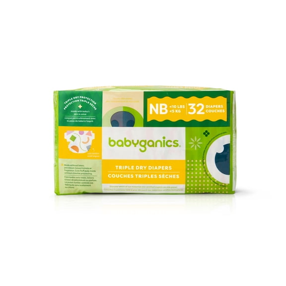 Babyganics Triple Dry, Ultra Absorbent Diapers, Size NB, Bag 32ct, 4PK