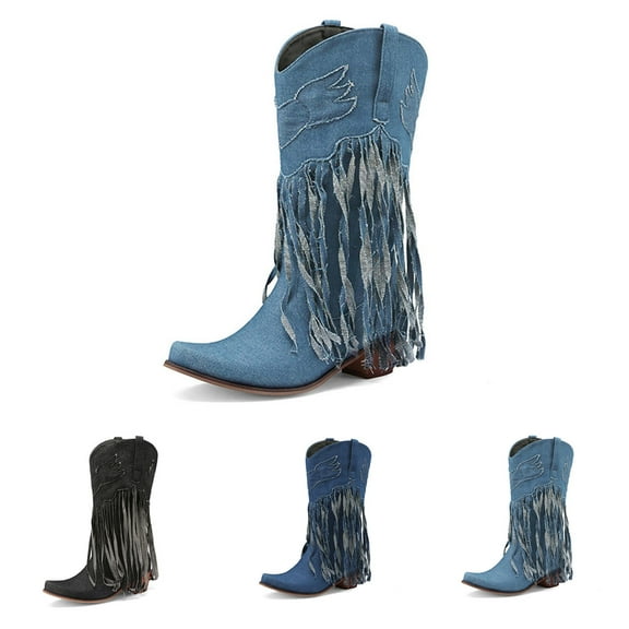 Dakaela Womens Fringe Cowboy Boots Denim Tassel Western Cowgirl Mid Calf Booties with Chunky Heel Black 5.5