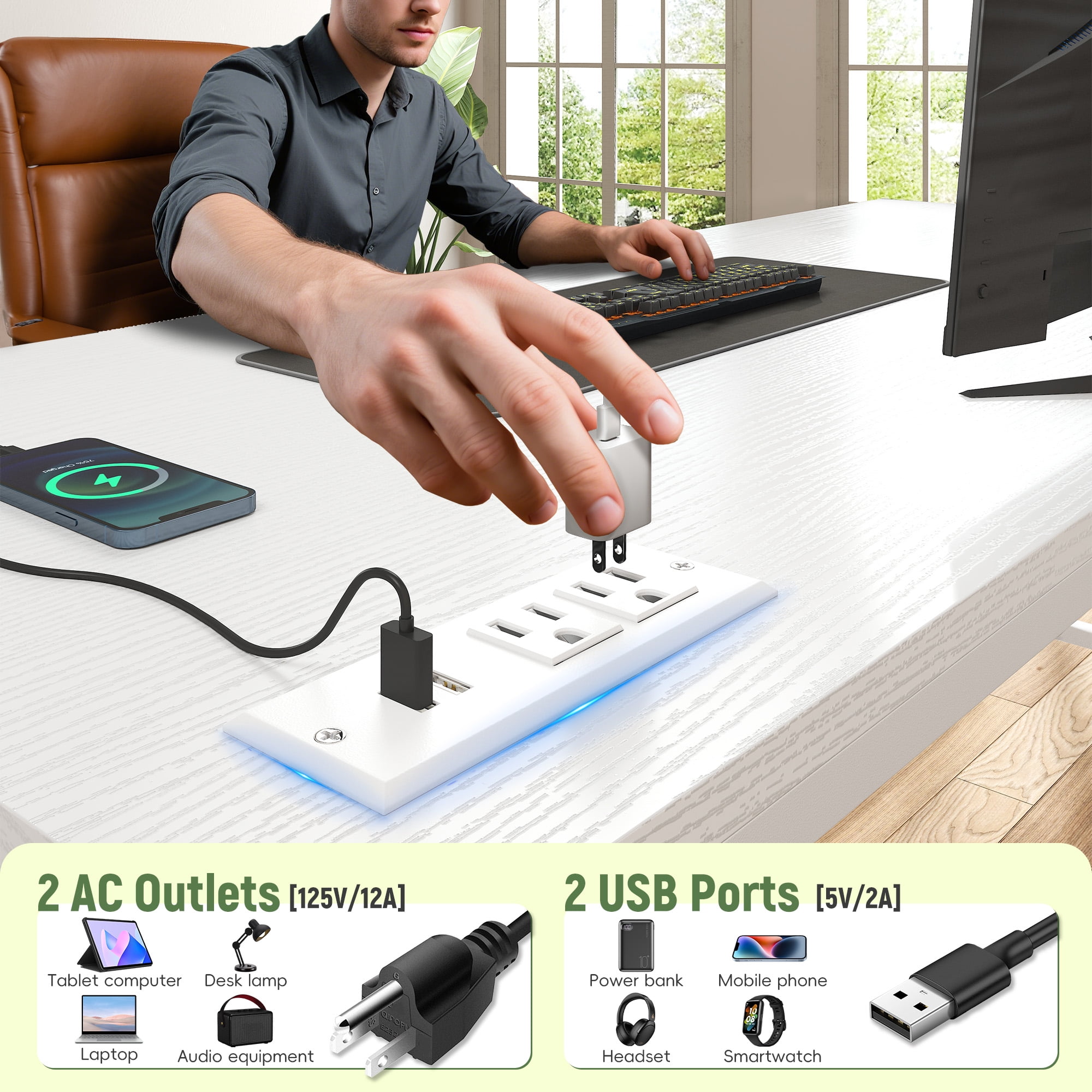Romorgniz White Computer Desk with Power Outlet & Fabric Drawer, Home Office Desk with LED Lights, Adjustable Monitor Stand & CPU Holder for Small Spaces