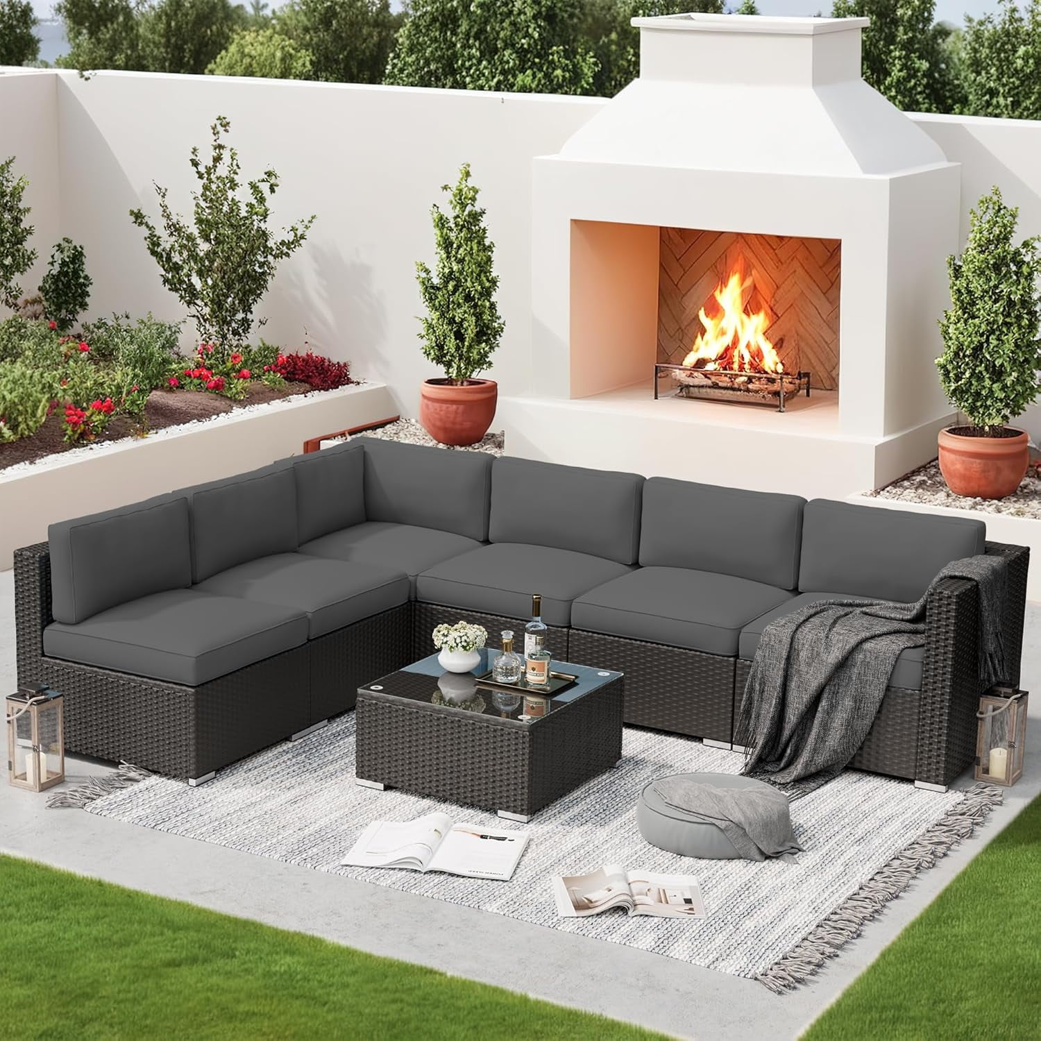 SUNCROWN 7-Piece Outdoor Patio Furniture Sofa Set All-Weather Black Wicker Sectional Conversation Set with Modern Glass Coffee Table and Cushions (Grey)