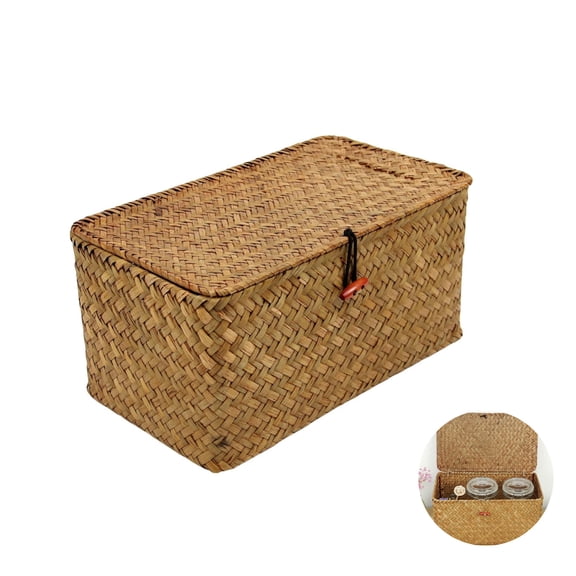 Wicker Shelf Basket Storage Basket with Lid Multipurpose Container Home Organization Rectangular Woven Container for Home 9.06x5.12x3.35in