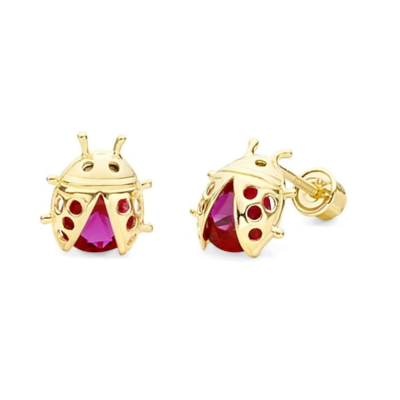 Wellingsale 14K Yellow Gold Polished Ladybug Stud Earrings With Screw Back