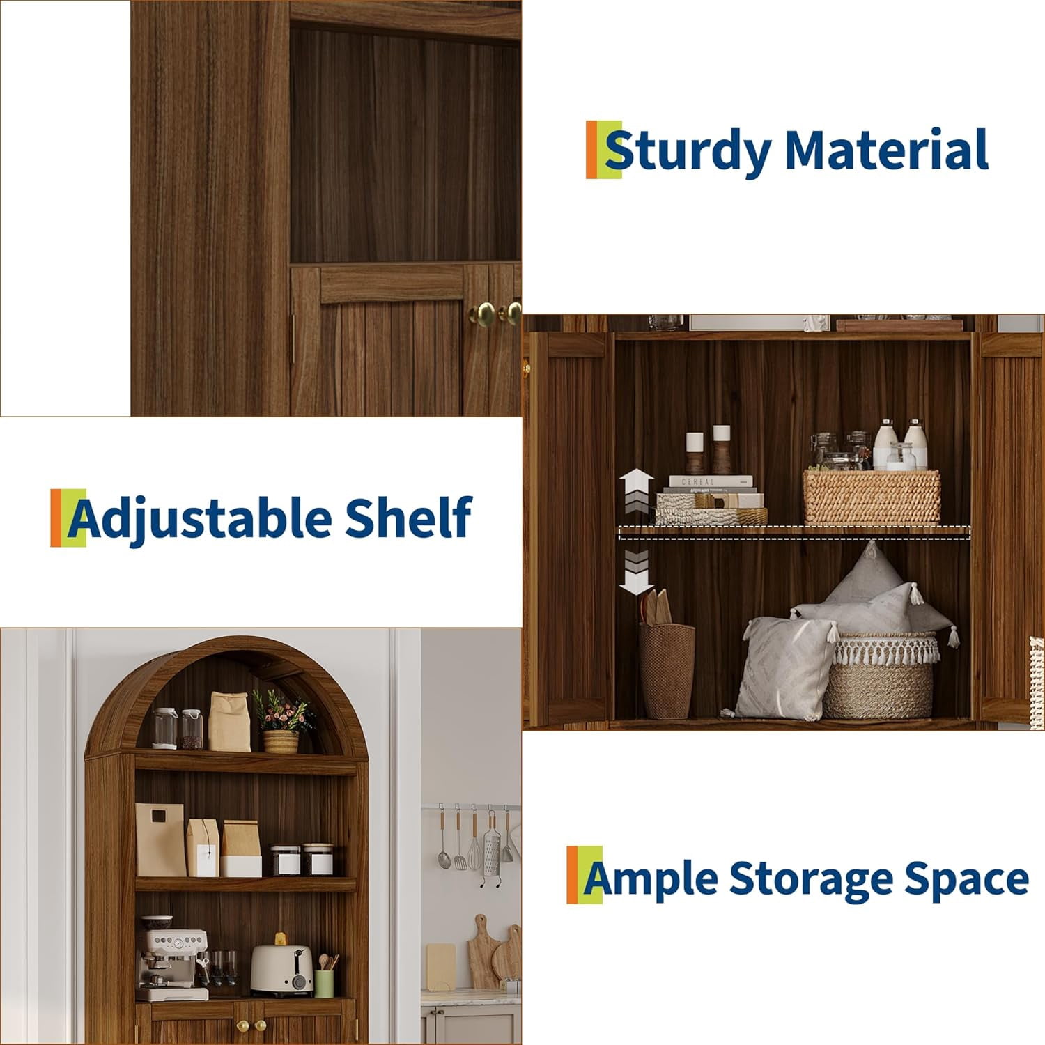 72" Tall Arched Pantry Cabinet with Doors, 5-Tier Kitchen Pantry Cabinet with Adjustable Shelf & Gold Handles, Wood Storage Cabinet for Dining Room, Kitchen, Living Room, Walnut