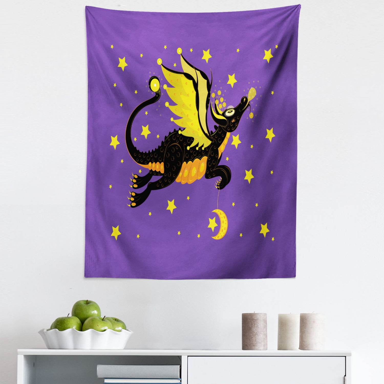 Dragon Tapestry, Night Sky with Fierce Creature Moon and Stars, Fabric ...