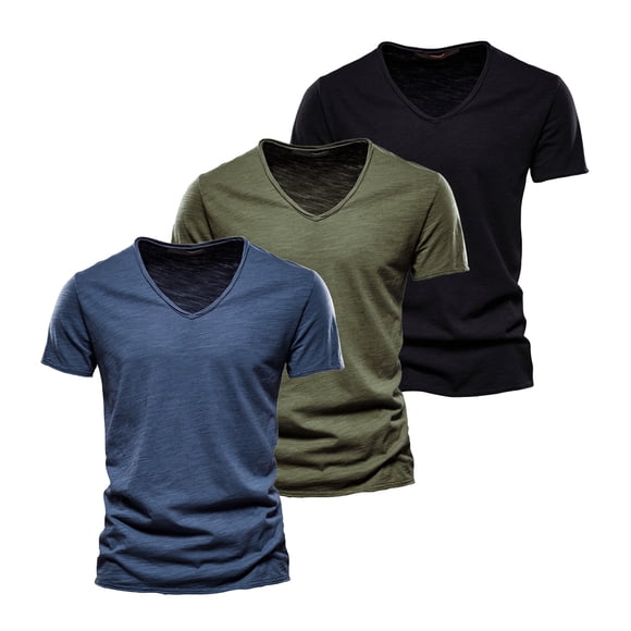 Camiseta de manga corta AIOPESON 5 piezas marca hombres Casual Color sólido Slim Fit cuello en V 100% algodón AIOPESON Mangas cortas de algodón con cuello en V.