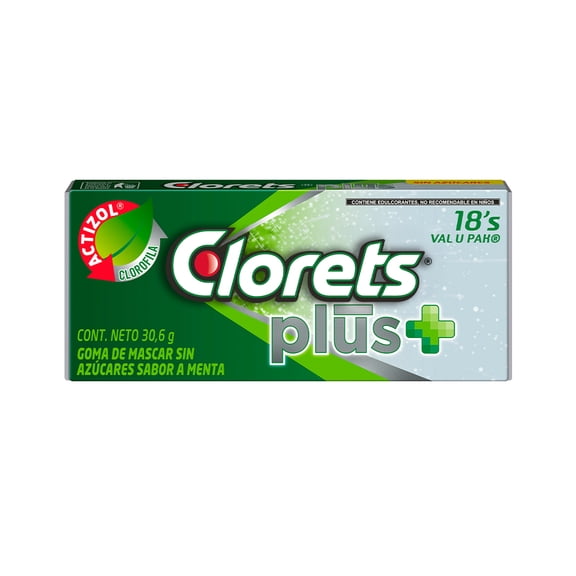 Goma de mascar Clorets Plus + sin azúcar sabor  a menta 18 pzas