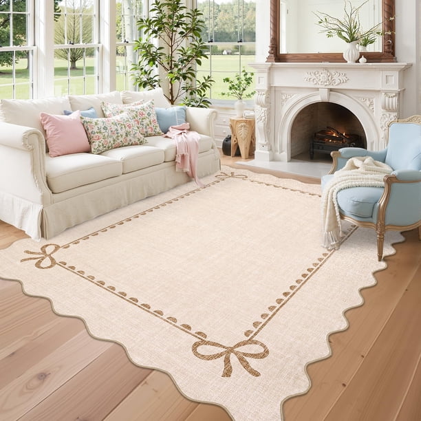 Alfombra GarveeHome con diseño de lazo festoneado 152 x 213 cm, beige, antideslizante