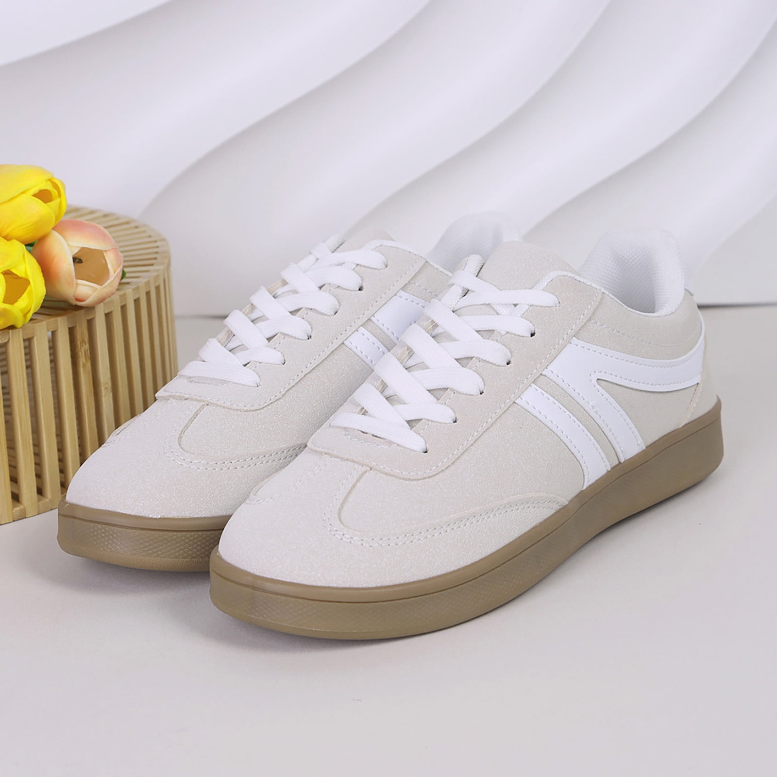 Tennis Shoes Womens Lace up Retro Classic Trainers Skate Shoes Fashion Suede Color Block Sneakers Nonslip Flat Walking Shoes Beige Size 9.5