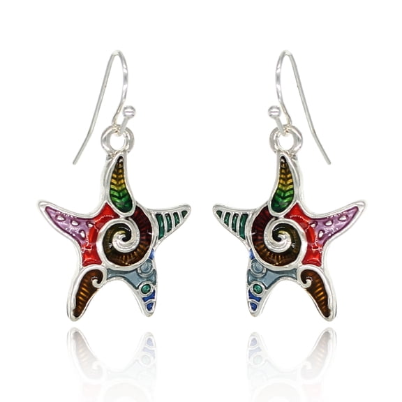 Besheek Hand Painted Silvertone Mosaic Ocean Starfish Fashion Earrings