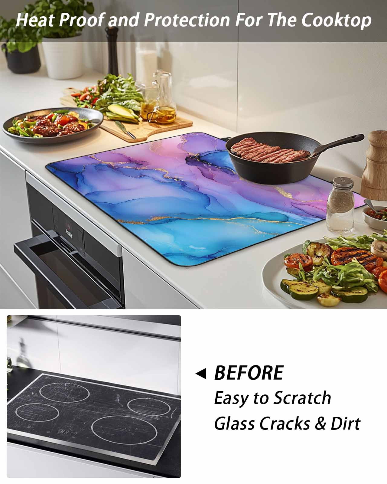 Stove Top Covers for Electric Stove, Blue Purple Ombre Glass Stovetop Cover Protector, Marble Modern Ink Painted Abstract Induction Cooktop Protector Oven Mat for Kitchen Countertop 24"x21"