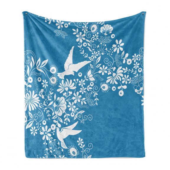 Blue Soft Flannel Fleece Throw Blanket, Ornamental Blooming Flowers on Branches with Flying Dove Birds Chinese Design, Cozy Plush for Indoor and Outdoor Use, 70" x 90", Blue White, by Ambesonne