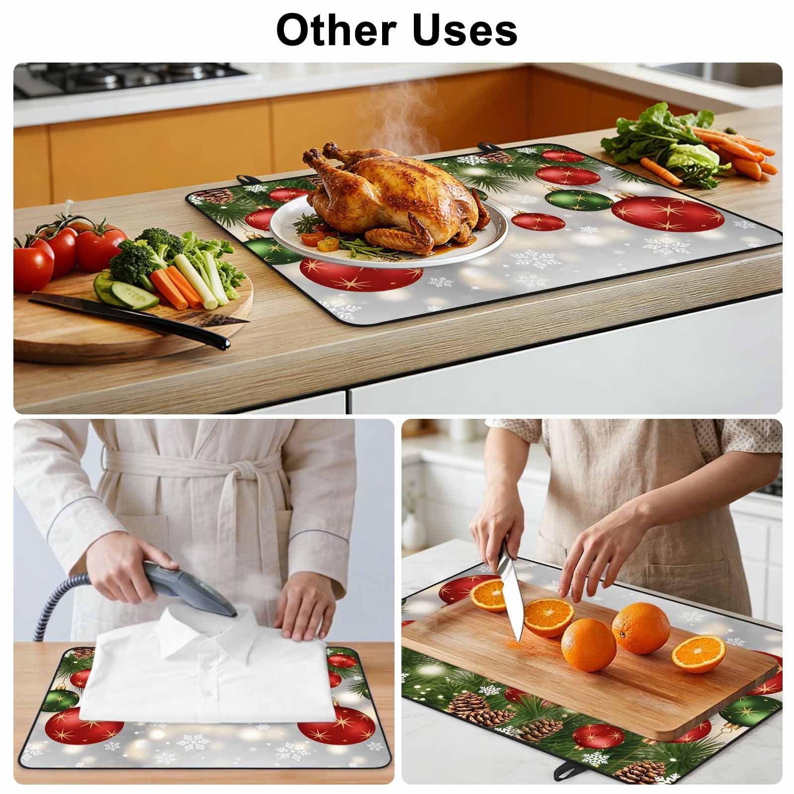 Red Green Balls Christmas Stove Top Cover for Electric Stove, Heat-proof & Non Slip Glass Top Stove Cover Protector, Xmas Pine Needle Snowflake Kitchen Flat Cooktop Rubber Mat 24x21 Inches