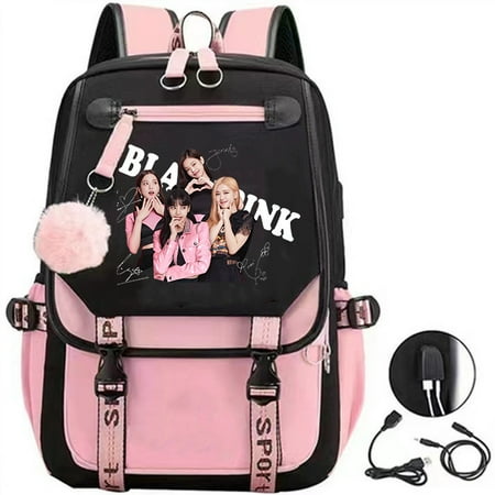 17 inch BLACK-PINK BACKPACK DAYPACK, USB Charging Computer Laptop K-POP BACKPACK Shoulder Bag Travel Pack,Durable Lightweight Large Capacity Travel Bag,Casual Outdoor Commuter Bag for Daily Use