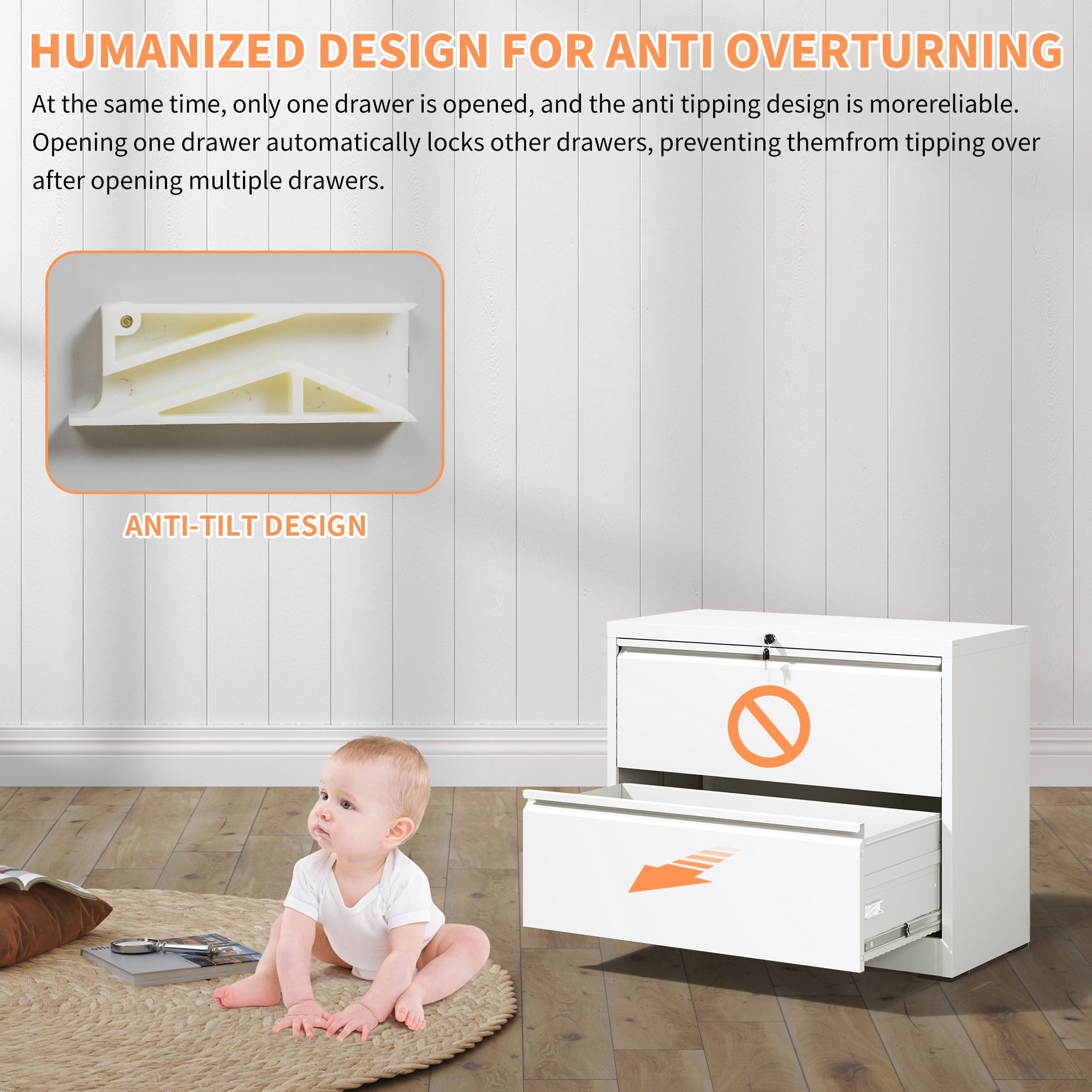 Lateral File Cabinet 2 Drawer, White Filing Cabinet with Lock, Lockable File Cabinet for Home Office, Locking Metal File Cabinet for Legal/Letter/A4/F4 Size