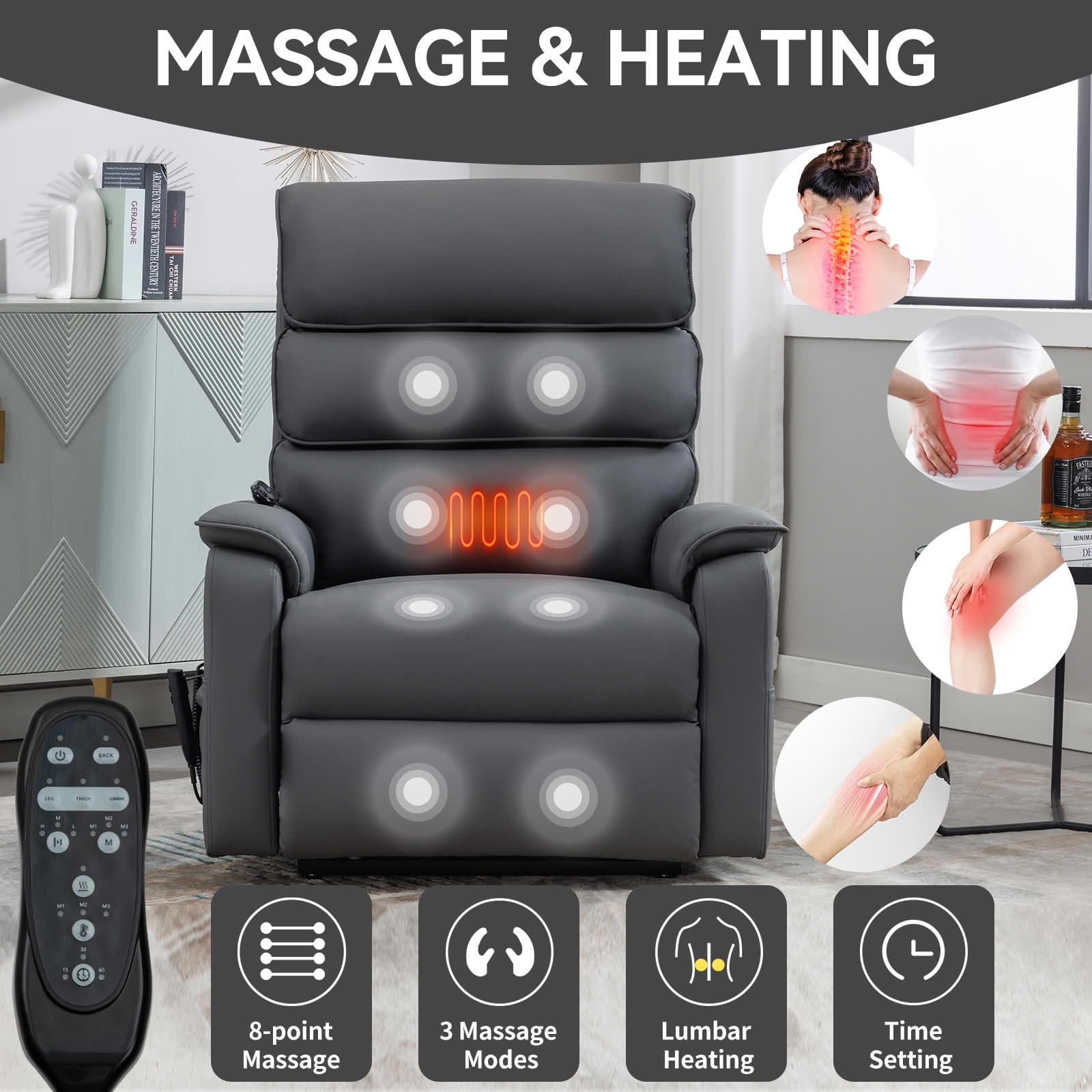 MAYEERTY Grey Cat-Proof Leather Dual Motor Power Lift Recliner, 350lbs Infinite Position Massage Heat 37"x37"x45"
