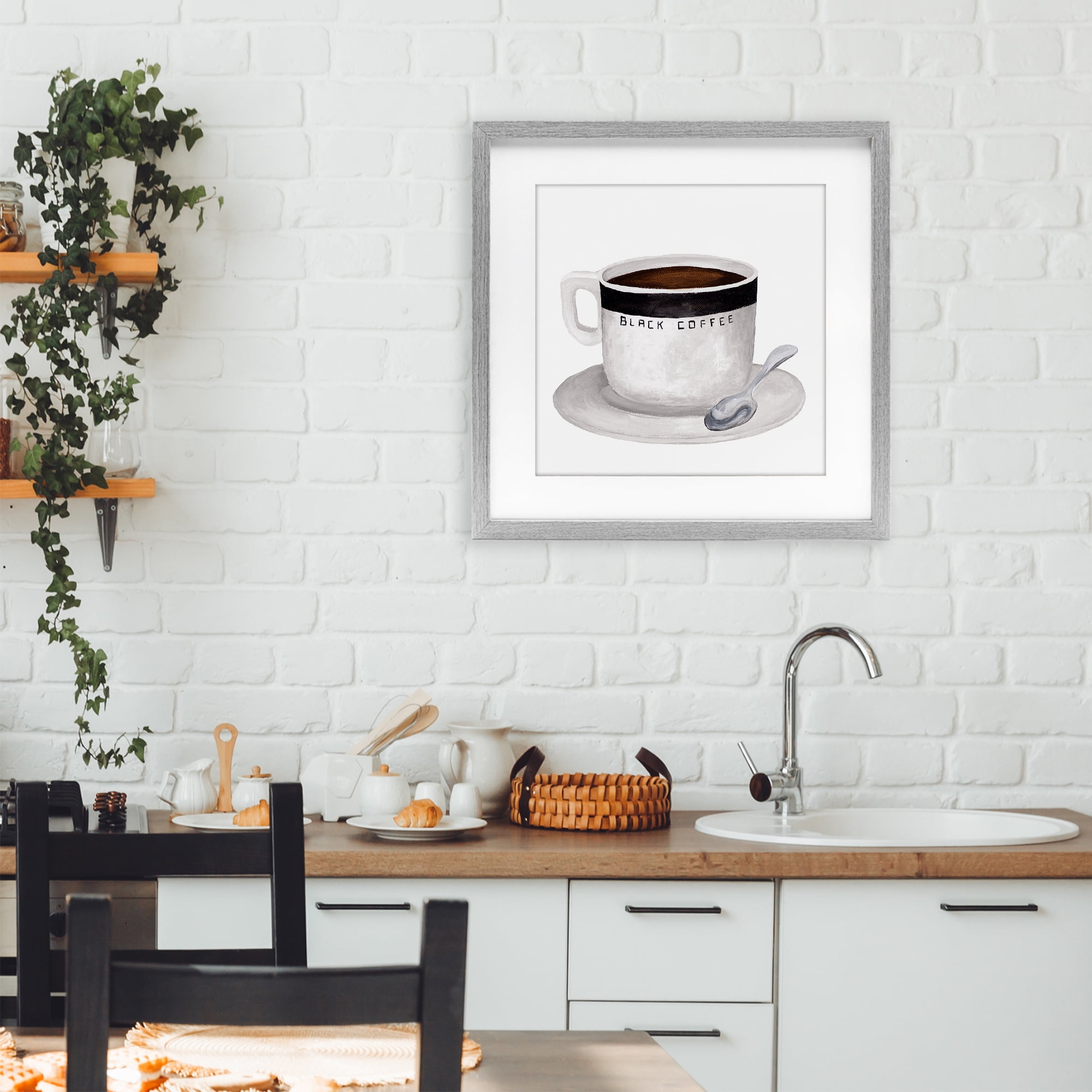 Stupell Industries Black Coffee Mug Gray Framed Print Under Glass, design by Elizabeth Medley