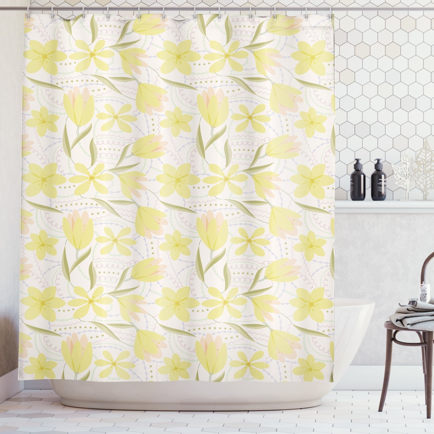 Ambesonne Spring Shower Curtain, Seasonal Petals with Leaves, 69"Wx75"L