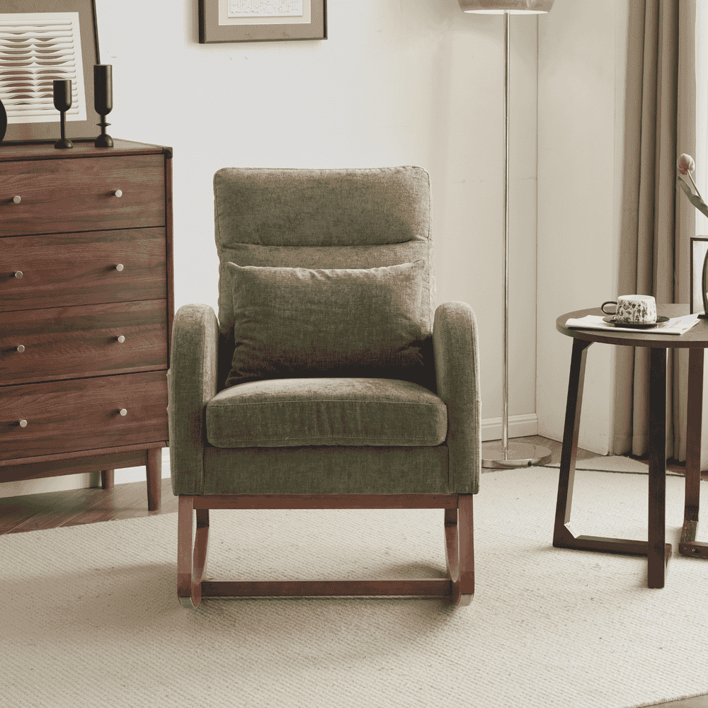 Spaco Linen Rocking Chair with Thick Headrest, Upholstered Mid-Century Modern Nursing Rocker Glider with Curved Armrest and Sturdy Solid Wood Base for Living Room, Bedroom, Baby Room, Green