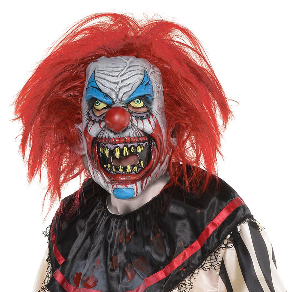 LARGE TEETH HALLOWEEN PARTY ADULT RUBBER SCARY CLOWN MASK WITH ORANGE HAIR 